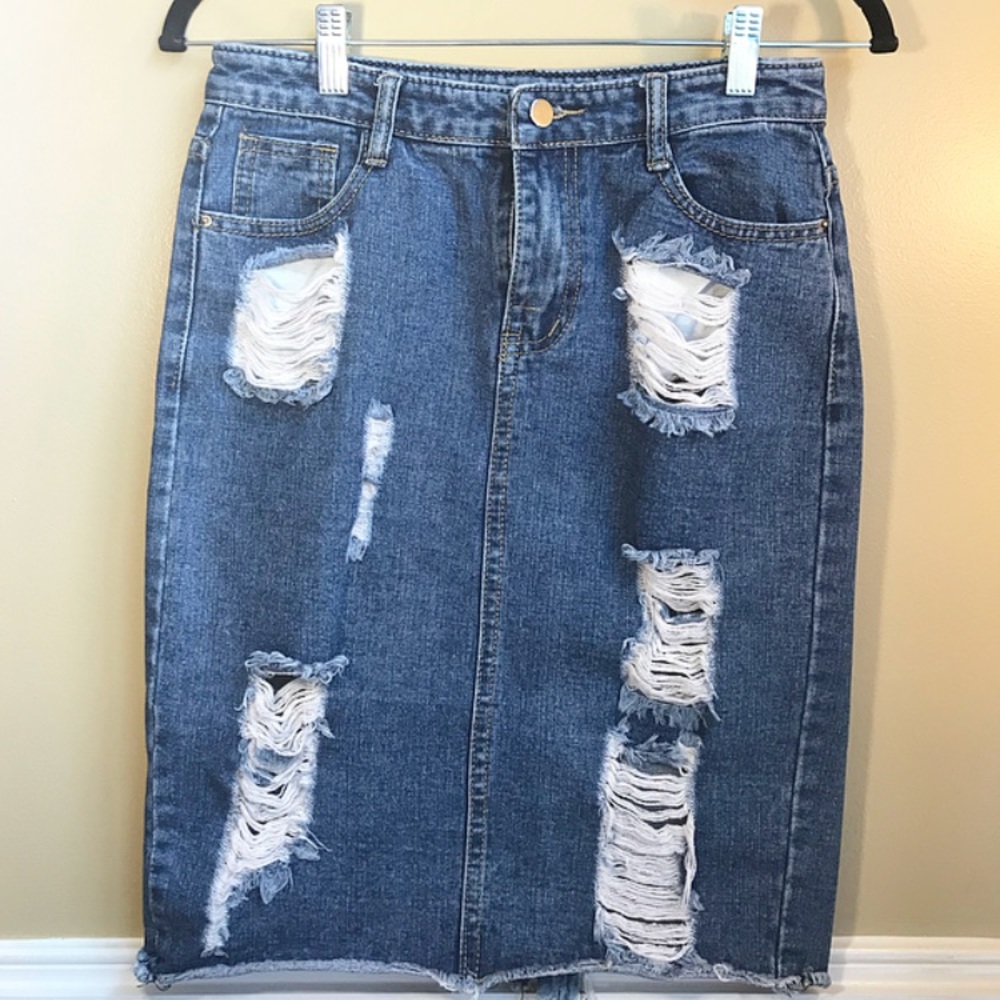Ripped high waisted denim skirt